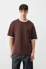 Kısa Kollu Oversize Cepli Tişört Kahve