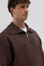 Basic Zip-Up Stand-Up Collar Sweatshirt, Brown