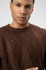 Oversize Desenli Triko Kazak Kahve