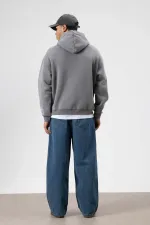 Oversize Nakış Baskılıkapüşonlu Sweatshirt Füme