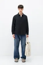 Dokulu Pamuklu Oversize Gömlek Siyah