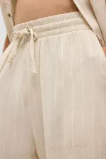 Oversize Çizgili Keten Şort Beyaz