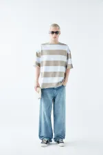 Dijital Baskılı Şeritli %100 Pamuk Oversize Tişört Vizon