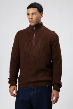 Fermuarlı Örme Triko Kazak Kahve