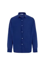 Basic Oversize Pamuk Keten Gömlek Saks Basic Oversize Pamuk Keten Gömlek Saks