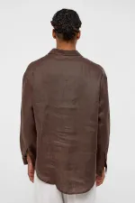 100% Linen Oversize Long-Sleeve Shirt, Coffee