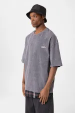 Yıkamalı Oversize Ekose Detaylı Tişört Füme