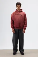 Oversize Printed Washed Hoodie Burgundy