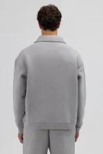 Oversize Fermuarlı Dik Yaka Sweatshirt Gri