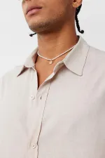 Basic Oversize Uzun Kollu Keten Gömlek Bej