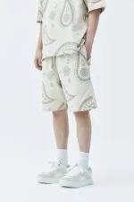 Oversize Desenli Şort Tişört Takım Bej