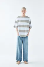 Digitally Printed Striped 100% Cotton Oversize T-Shirt, Khaki