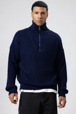 Yarım Fermuarlı Triko Kazak Lacivert