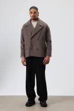 Oversize Kruvaze Kısa Kaşe Ceket Koyu Vızon