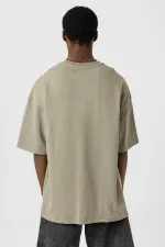 Bisiklet Yaka Cepli Oversize Tişört Haki