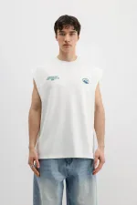 Oversize Baskılı Kolsuz Tişört Beyaz
