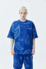 Oversize Desenli Şort Tişört Takım Saks