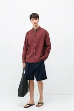 Basic Oversize Pamuk  Keten Gömlek Bordo