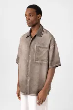 Yıkamalı Kısa Kollu Oversize Gömlek Kahve