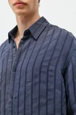 Çizgili Oversize Gömlek Lacivert