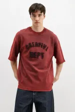 Yıkamalı Yazı Baskılı Oversize Tişört Bordo