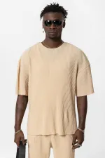 Basic Oversize Crew Neck Ottoman Suit Beige