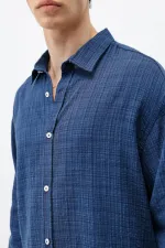 Dokulu Keten Görünümlü Oversize Gömlek Lacivert