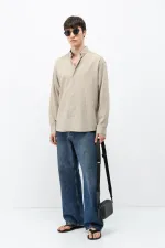 Çizgili Oversize Gömlek Bej