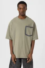 Bisiklet Yaka Cepli Oversize Tişört Haki