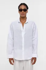 100% Linen Oversize Long-Sleeve Shirt, Ecru