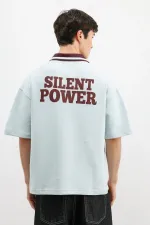 Fermuarlı Yaka Baskılı Oversize Tişört Bebe Mavi