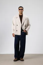 Oversize Kruvaze Kısa Kaşe Ceket Bej