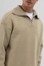 Sweat-shirt basique à fermeture éclair et col montant kaki