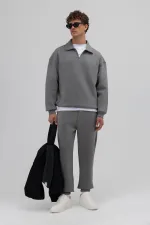 Oversize Fermuarlı Dik Yaka Sweatshirt Füme