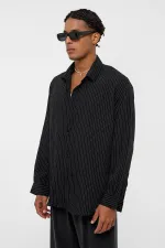 Oversize Çizgili Uzun Kollu Gömlek Siyah