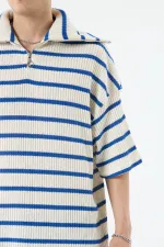 Oversize Çizgili Fermuarlı Yaka Triko Tişört Saks