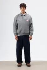 Polo Yaka Oversize Baskılı Yıkamalı Sweatshirt Füme