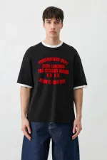 Baskılı Bisiklet Yaka Oversize Tişört Siyah