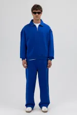 Oversize Fermuarlı Dik Yaka Sweatshirt Saks