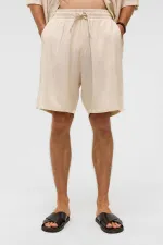 Oversize Çizgili Keten Şort Beyaz