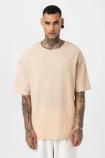 Arka Yazı Baskılı Oversize Triko Tişört Bej