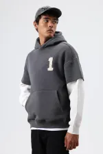 Oversize Kol Detaylı Kapüşonlu Sweatshirt Füme