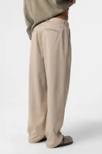 Baggy Fit Pleated Fabric Pants Stone