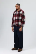 Oversize Peluş Ekose Ceket Bordo