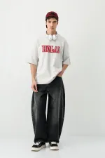 Yıkamalı Baskılı Oversize Tişört Açık Gri