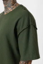 Arka Yazı Baskılı Oversize Triko Tişört Haki