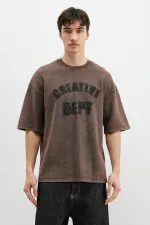 Yıkamalı Yazı Baskılı Oversize Tişört Kahve