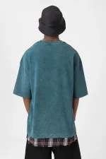 Washed Oversize Plaid Detail T-Shirt, Petrol