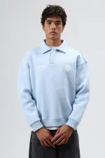 Sweat-shirt oversize à col polo imprimé délavé bleu ciel