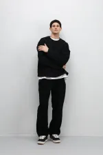 Pileli Zincir Detaylı Baggy Jean Siyah